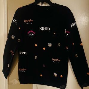 Kenzo Black Crewneck Sweater with Multicolor Accents Tiger head embroidery